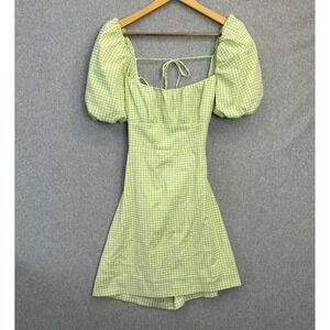 Mable Medium Gingham Mini Milkmaid Dress Green Puff Sleeve Lace Up Back Cottage